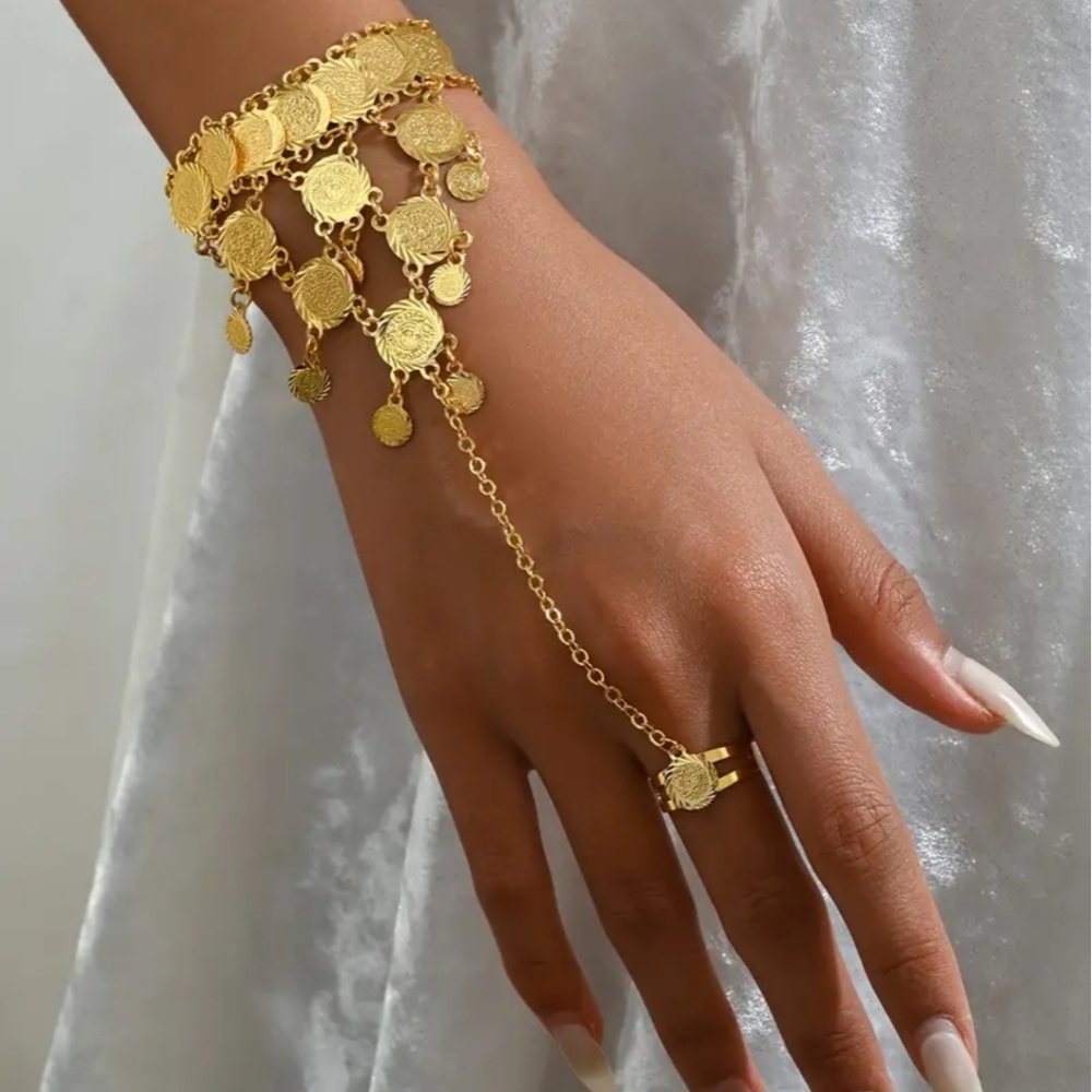18K Gold Plated Vintage & Elegant Style Tassel Hand Chain With Coin Charms